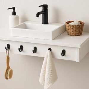 5 Floating Vanity Shelf with Hooks White Finish